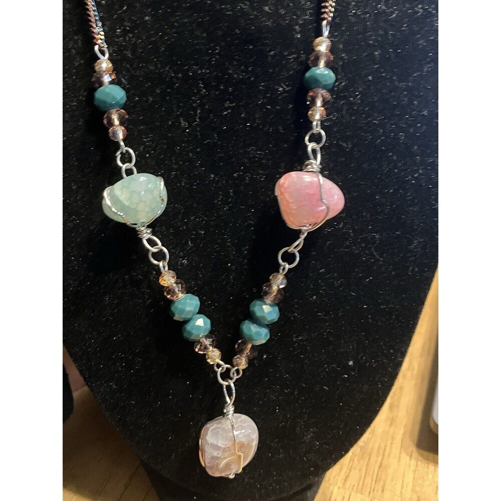 H By Halston Necklace Pink Blue Wrapped Stone & Chain